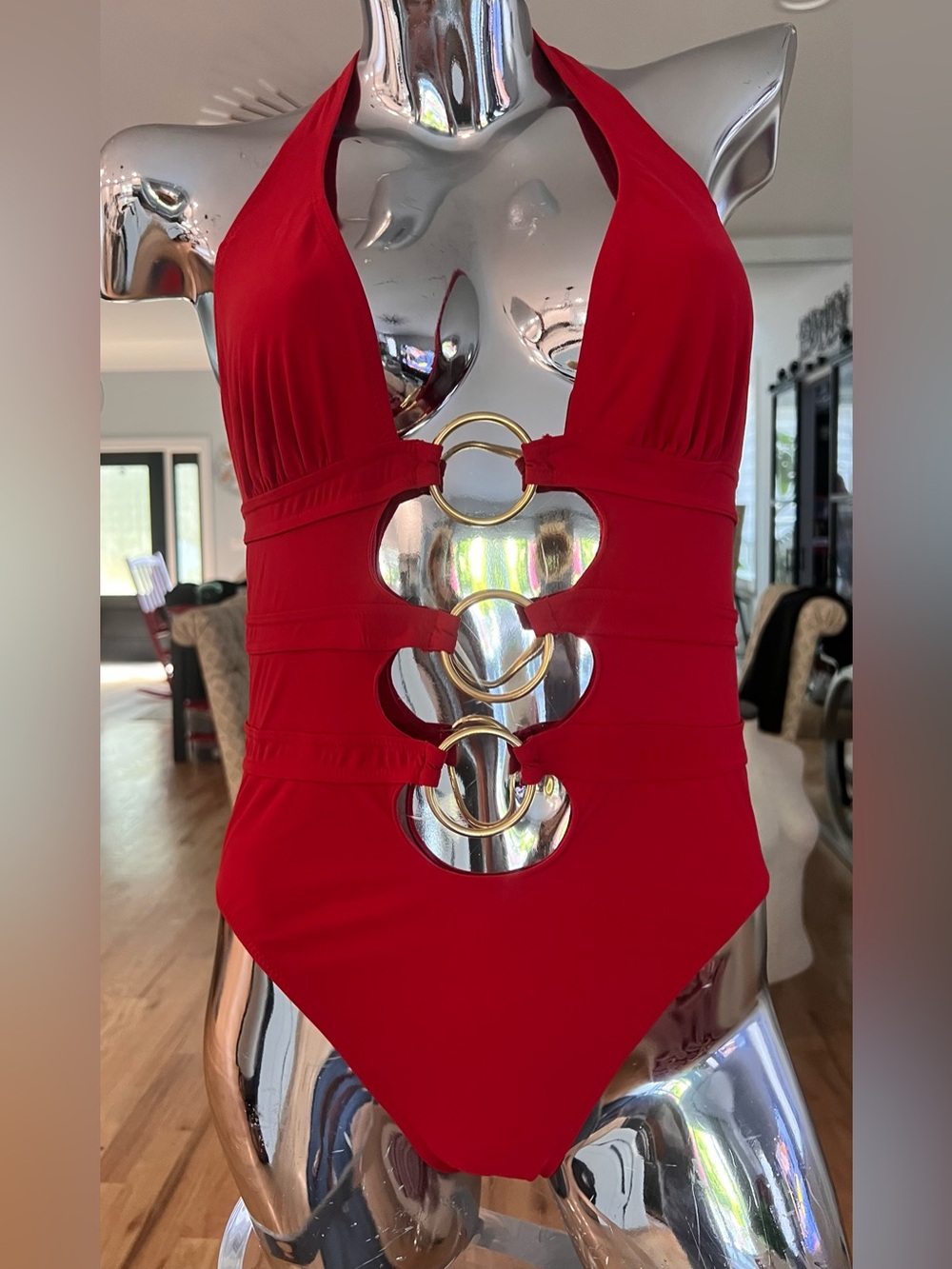 Red Carter Red Halter One-Piece Swimsuit with Gold Ring Cutouts